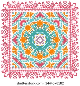 Decorative colorful ornament on white background, symmetric pattern with doodle lace frame. Tribal ethnic mandala decor. Bandana shawl, tablecloth fabric print, silk neck scarf, kerchief design