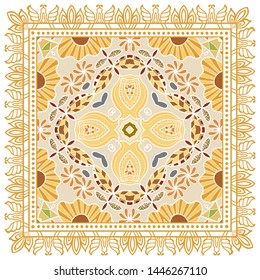 Decorative colorful ornament on white background, symmetric pattern with doodle lace frame. Tribal ethnic mandala decor. Bandana shawl, tablecloth fabric print, silk neck scarf, kerchief design