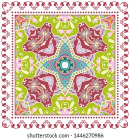 Decorative colorful ornament on white background, symmetric pattern with doodle lace frame. Tribal ethnic mandala decor. Bandana shawl, tablecloth fabric print, silk neck scarf, kerchief design