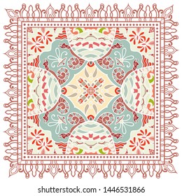 Decorative colorful ornament on white background, symmetric pattern with doodle lace frame. Tribal ethnic mandala decor. Bandana shawl, tablecloth fabric print, silk neck scarf, kerchief design