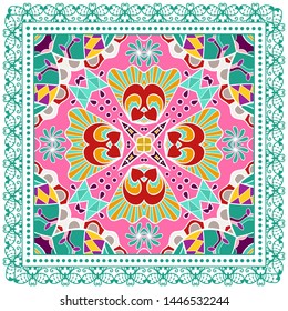 Decorative colorful ornament on white background, symmetric pattern with doodle lace frame. Tribal ethnic mandala decor. Bandana shawl, tablecloth fabric print, silk neck scarf, kerchief design