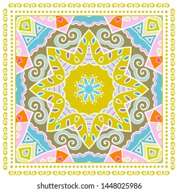 Decorative colorful ornament on white background, symmetric pattern with doodle lace frame. Tribal ethnic mandala decor. Bandana shawl, tablecloth fabric print, silk neck scarf, kerchief design