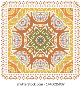 Decorative colorful ornament on white background, symmetric pattern with doodle lace frame. Tribal ethnic mandala decor. Bandana shawl, tablecloth fabric print, silk neck scarf, kerchief design