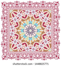 Decorative colorful ornament on white background, symmetric pattern with doodle lace frame. Tribal ethnic mandala decor. Bandana shawl, tablecloth fabric print, silk neck scarf, kerchief design