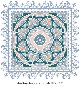 Decorative colorful ornament on white background, symmetric pattern with doodle lace frame. Tribal ethnic mandala decor. Bandana shawl, tablecloth fabric print, silk neck scarf, kerchief design