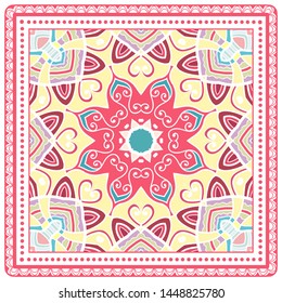 Decorative colorful ornament on white background, symmetric pattern with doodle lace frame. Tribal ethnic mandala decor. Bandana shawl, tablecloth fabric print, silk neck scarf, kerchief design