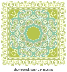 Decorative colorful ornament on white background, symmetric pattern with doodle lace frame. Tribal ethnic mandala decor. Bandana shawl, tablecloth fabric print, silk neck scarf, kerchief design