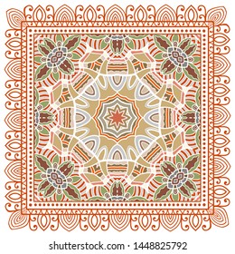 Decorative colorful ornament on white background, symmetric pattern with doodle lace frame. Tribal ethnic mandala decor. Bandana shawl, tablecloth fabric print, silk neck scarf, kerchief design