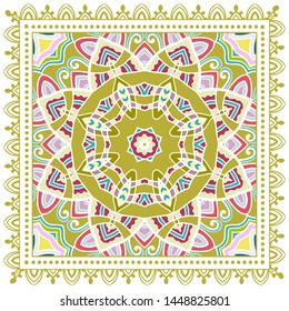 Decorative colorful ornament on white background, symmetric pattern with doodle lace frame. Tribal ethnic mandala decor. Bandana shawl, tablecloth fabric print, silk neck scarf, kerchief design