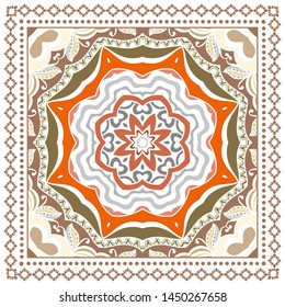 Decorative colorful ornament on white background, symmetric pattern with doodle lace frame. Tribal ethnic mandala decor. Bandana shawl, tablecloth fabric print, silk neck scarf, kerchief design