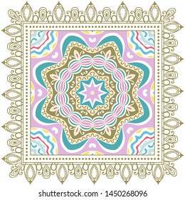 Decorative colorful ornament on white background, symmetric pattern with doodle lace frame. Tribal ethnic mandala decor. Bandana shawl, tablecloth fabric print, silk neck scarf, kerchief design