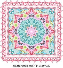 Decorative colorful ornament on white background, symmetric pattern with doodle lace frame. Tribal ethnic mandala decor. Bandana shawl, tablecloth fabric print, silk neck scarf, kerchief design