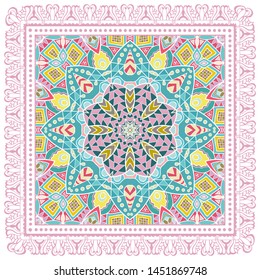 Decorative colorful ornament on white background, symmetric pattern with doodle lace frame. Tribal ethnic mandala decor. Bandana shawl, tablecloth fabric print, silk neck scarf, kerchief design