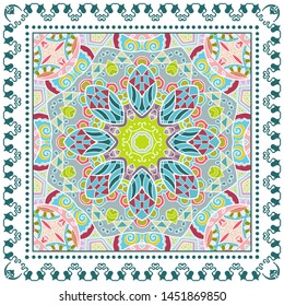 Decorative colorful ornament on white background, symmetric pattern with doodle lace frame. Tribal ethnic mandala decor. Bandana shawl, tablecloth fabric print, silk neck scarf, kerchief design