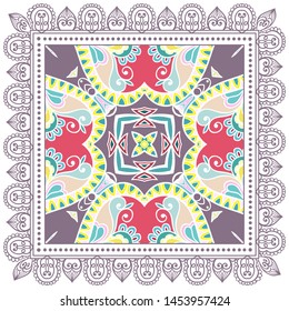 Decorative colorful ornament on white background, symmetric pattern with doodle lace frame. Tribal ethnic mandala decor. Bandana shawl, tablecloth fabric print, silk neck scarf, kerchief design