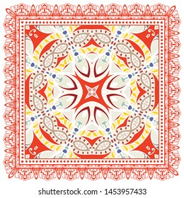 Decorative colorful ornament on white background, symmetric pattern with doodle lace frame. Tribal ethnic mandala decor. Bandana shawl, tablecloth fabric print, silk neck scarf, kerchief design