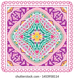 Decorative colorful ornament on white background, symmetric pattern with doodle lace frame. Tribal ethnic mandala decor. Bandana shawl, tablecloth fabric print, silk neck scarf, kerchief design