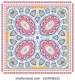 Decorative colorful ornament on white background, symmetric pattern with doodle lace frame. Tribal ethnic mandala decor. Bandana shawl, tablecloth fabric print, silk neck scarf, kerchief design