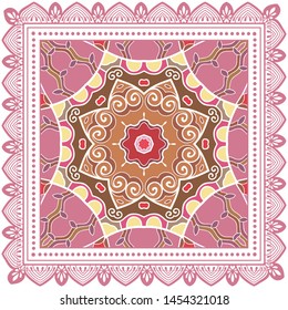 Decorative colorful ornament on white background, symmetric pattern with doodle lace frame. Tribal ethnic mandala decor. Bandana shawl, tablecloth fabric print, silk neck scarf, kerchief design
