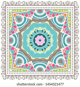 Decorative colorful ornament on white background, symmetric pattern with doodle lace frame. Tribal ethnic mandala decor. Bandana shawl, tablecloth fabric print, silk neck scarf, kerchief design