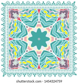 Decorative colorful ornament on white background, symmetric pattern with doodle lace frame. Tribal ethnic mandala decor. Bandana shawl, tablecloth fabric print, silk neck scarf, kerchief design