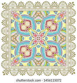 Decorative colorful ornament on white background, symmetric pattern with doodle lace frame. Tribal ethnic mandala decor. Bandana shawl, tablecloth fabric print, silk neck scarf, kerchief design