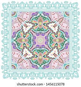 Decorative colorful ornament on white background, symmetric pattern with doodle lace frame. Tribal ethnic mandala decor. Bandana shawl, tablecloth fabric print, silk neck scarf, kerchief design