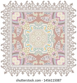 Decorative colorful ornament on white background, symmetric pattern with doodle lace frame. Tribal ethnic mandala decor. Bandana shawl, tablecloth fabric print, silk neck scarf, kerchief design