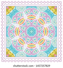 Decorative colorful ornament on white background, symmetric pattern with doodle lace frame. Tribal ethnic mandala decor. Bandana shawl, tablecloth fabric print, silk neck scarf, kerchief design