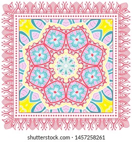 Decorative colorful ornament on white background, symmetric pattern with doodle lace frame. Tribal ethnic mandala decor. Bandana shawl, tablecloth fabric print, silk neck scarf, kerchief design