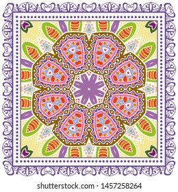 Decorative colorful ornament on white background, symmetric pattern with doodle lace frame. Tribal ethnic mandala decor. Bandana shawl, tablecloth fabric print, silk neck scarf, kerchief design