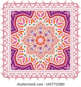 Decorative colorful ornament on white background, symmetric pattern with doodle lace frame. Tribal ethnic mandala decor. Bandana shawl, tablecloth fabric print, silk neck scarf, kerchief design