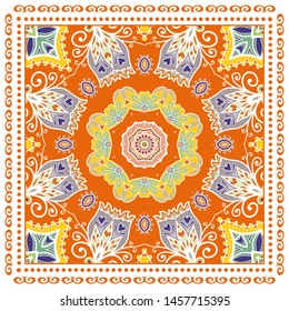 Decorative colorful ornament on white background, symmetric pattern with doodle lace frame. Tribal ethnic mandala decor. Bandana shawl, tablecloth fabric print, silk neck scarf, kerchief design