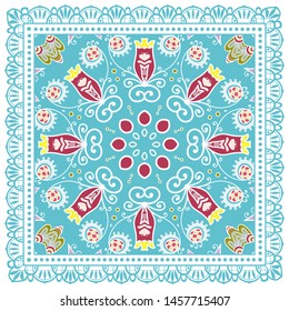 Decorative colorful ornament on white background, symmetric pattern with doodle lace frame. Tribal ethnic mandala decor. Bandana shawl, tablecloth fabric print, silk neck scarf, kerchief design