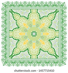 Decorative colorful ornament on white background, symmetric pattern with doodle lace frame. Tribal ethnic mandala decor. Bandana shawl, tablecloth fabric print, silk neck scarf, kerchief design