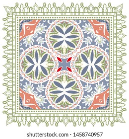 Decorative colorful ornament on white background, symmetric pattern with doodle lace frame. Tribal ethnic mandala decor. Bandana shawl, tablecloth fabric print, silk neck scarf, kerchief design