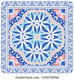 Decorative colorful ornament on white background, symmetric pattern with doodle lace frame. Tribal ethnic mandala decor. Bandana shawl, tablecloth fabric print, silk neck scarf, kerchief design