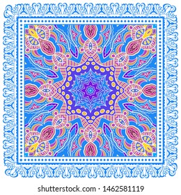 Decorative colorful ornament on white background, symmetric pattern with doodle lace frame. Tribal ethnic mandala decor. Bandana shawl, tablecloth fabric print, silk neck scarf, kerchief design
