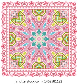 Decorative colorful ornament on white background, symmetric pattern with doodle lace frame. Tribal ethnic mandala decor. Bandana shawl, tablecloth fabric print, silk neck scarf, kerchief design