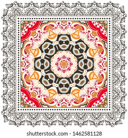 Decorative colorful ornament on white background, symmetric pattern with doodle lace frame. Tribal ethnic mandala decor. Bandana shawl, tablecloth fabric print, silk neck scarf, kerchief design