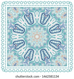 Decorative colorful ornament on white background, symmetric pattern with doodle lace frame. Tribal ethnic mandala decor. Bandana shawl, tablecloth fabric print, silk neck scarf, kerchief design