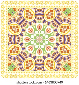 Decorative colorful ornament on white background, symmetric pattern with doodle lace frame. Tribal ethnic mandala decor. Bandana shawl, tablecloth fabric print, silk neck scarf, kerchief design