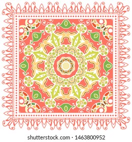 Decorative colorful ornament on white background, symmetric pattern with doodle lace frame. Tribal ethnic mandala decor. Bandana shawl, tablecloth fabric print, silk neck scarf, kerchief design