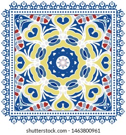 Decorative colorful ornament on white background, symmetric pattern with doodle lace frame. Tribal ethnic mandala decor. Bandana shawl, tablecloth fabric print, silk neck scarf, kerchief design
