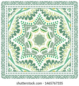 Decorative colorful ornament on white background, symmetric pattern with doodle lace frame. Tribal ethnic mandala decor. Bandana shawl, tablecloth fabric print, silk neck scarf, kerchief design