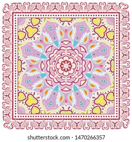 Decorative colorful ornament on white background, symmetric pattern with doodle lace frame. Tribal ethnic mandala decor. Bandana shawl, tablecloth fabric print, silk neck scarf, kerchief design