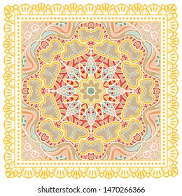 Decorative colorful ornament on white background, symmetric pattern with doodle lace frame. Tribal ethnic mandala decor. Bandana shawl, tablecloth fabric print, silk neck scarf, kerchief design