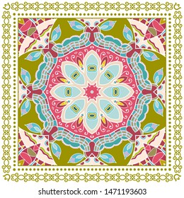 Decorative colorful ornament on white background, symmetric pattern with doodle lace frame. Tribal ethnic mandala decor. Bandana shawl, tablecloth fabric print, silk neck scarf, kerchief design