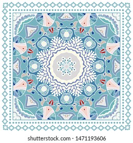 Decorative colorful ornament on white background, symmetric pattern with doodle lace frame. Tribal ethnic mandala decor. Bandana shawl, tablecloth fabric print, silk neck scarf, kerchief design