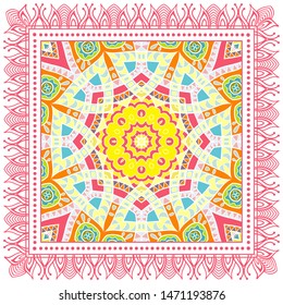 Decorative colorful ornament on white background, symmetric pattern with doodle lace frame. Tribal ethnic mandala decor. Bandana shawl, tablecloth fabric print, silk neck scarf, kerchief design